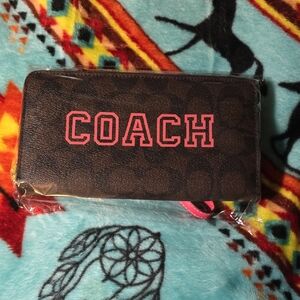 Coach Brown Long Wallet with Pink Logo, New Without Tags
